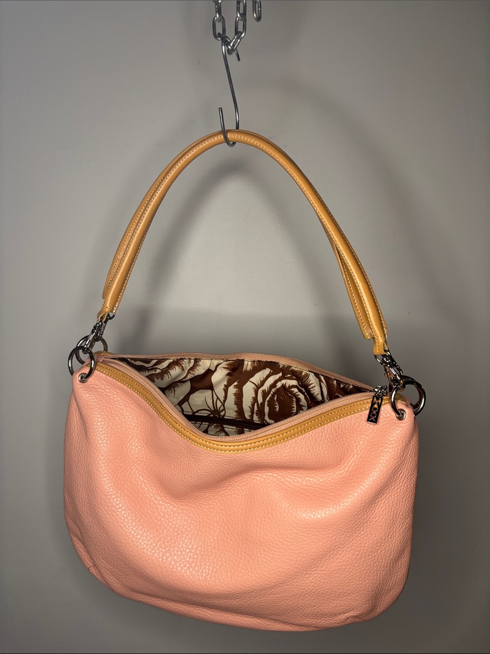 Y2K Maxx New York Peach Shoulder Bag with Tan Double Handle Silver Hardware